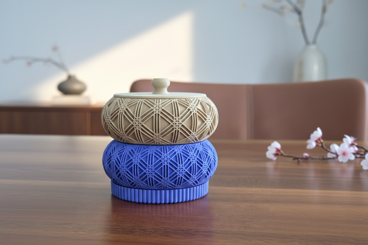 Stacked Kumiko Asanoha Boxes in elegant setting